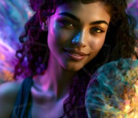 AI-generated abstract art of beautiful women gently enveloped in swirling translucent color mist, iridescent light shimmering on skin. By Jeff Dupler.