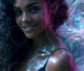 AI-generated abstract art of beautiful women gently enveloped in swirling translucent color mist, iridescent light shimmering on skin. By Jeff Dupler.