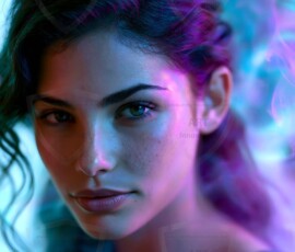 AI-generated abstract art of beautiful women gently enveloped in swirling translucent color mist, iridescent light shimmering on skin. By Jeff Dupler.