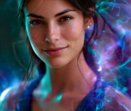 AI-generated abstract art of beautiful women gently enveloped in swirling translucent color mist, iridescent light shimmering on skin. By Jeff Dupler.
