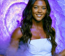 AI-generated abstract art of beautiful women gently enveloped in swirling translucent color mist, iridescent light shimmering on skin. By Jeff Dupler.