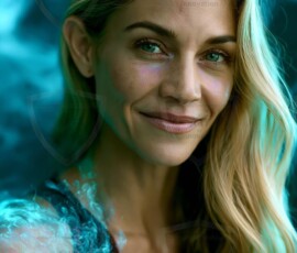 AI-generated abstract art of beautiful women gently enveloped in swirling translucent color mist, iridescent light shimmering on skin. By Jeff Dupler.