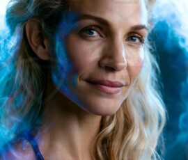 AI-generated abstract art of beautiful women gently enveloped in swirling translucent color mist, iridescent light shimmering on skin. By Jeff Dupler.
