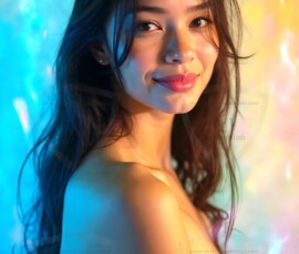 AI-generated abstract art of beautiful women gently enveloped in swirling translucent color mist, iridescent light shimmering on skin. By Jeff Dupler.
