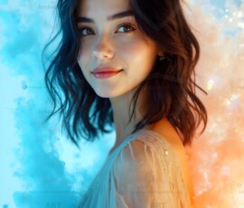 AI-generated abstract art of beautiful women gently enveloped in swirling translucent color mist, iridescent light shimmering on skin. By Jeff Dupler.