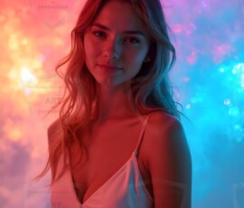 AI-generated abstract art of beautiful women gently enveloped in swirling translucent color mist, iridescent light shimmering on skin. By Jeff Dupler.