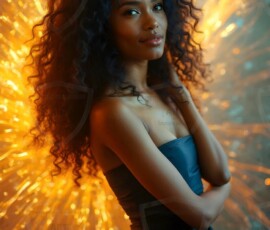 AI-generated abstract art of beautiful women gently enveloped in swirling translucent color mist, iridescent light shimmering on skin. By Jeff Dupler.