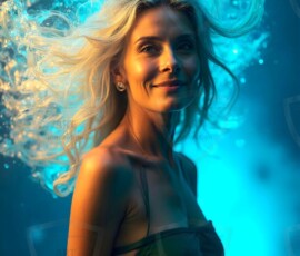 AI-generated abstract art of beautiful women gently enveloped in swirling translucent color mist, iridescent light shimmering on skin. By Jeff Dupler.