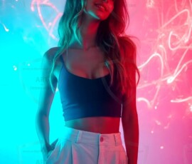 AI-generated abstract art of beautiful women gently enveloped in swirling translucent color mist, iridescent light shimmering on skin. By Jeff Dupler.