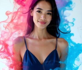 AI-generated abstract art of beautiful women gently enveloped in swirling translucent color mist, iridescent light shimmering on skin. By Jeff Dupler.