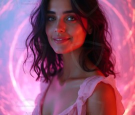 AI-generated abstract art of beautiful women gently enveloped in swirling translucent color mist, iridescent light shimmering on skin. By Jeff Dupler.