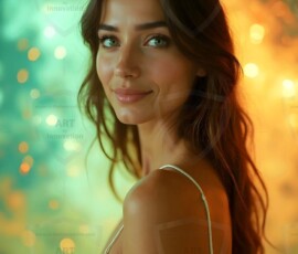 AI-generated abstract art of beautiful women gently enveloped in swirling translucent color mist, iridescent light shimmering on skin. By Jeff Dupler.