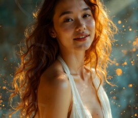 AI-generated abstract art of beautiful women gently enveloped in swirling translucent color mist, iridescent light shimmering on skin. By Jeff Dupler.
