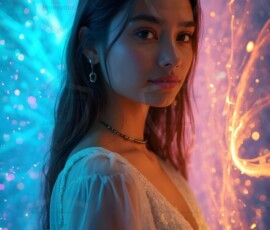 AI-generated abstract art of beautiful women gently enveloped in swirling translucent color mist, iridescent light shimmering on skin. By Jeff Dupler.