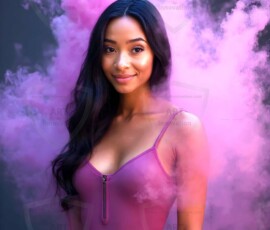 AI-generated abstract art of beautiful women gently enveloped in swirling translucent color mist, iridescent light shimmering on skin. By Jeff Dupler.