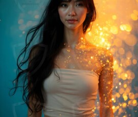 AI-generated abstract art of beautiful women gently enveloped in swirling translucent color mist, iridescent light shimmering on skin. By Jeff Dupler.
