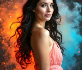 AI-generated abstract art of beautiful women gently enveloped in swirling translucent color mist, iridescent light shimmering on skin. By Jeff Dupler.
