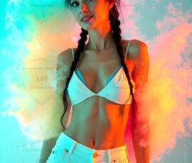 AI-generated abstract art of beautiful women gently enveloped in swirling translucent color mist, iridescent light shimmering on skin. By Jeff Dupler.