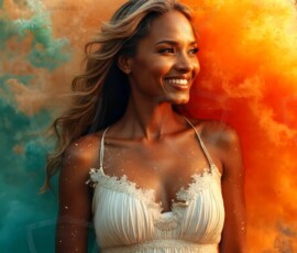 AI-generated abstract art of beautiful women gently enveloped in swirling translucent color mist, iridescent light shimmering on skin. By Jeff Dupler.