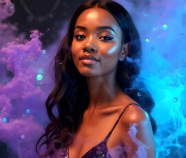 AI-generated abstract art of beautiful women gently enveloped in swirling translucent color mist, iridescent light shimmering on skin. By Jeff Dupler.