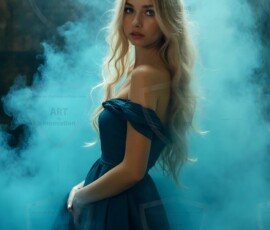 AI-generated abstract art of beautiful women gently enveloped in swirling translucent color mist, iridescent light shimmering on skin. By Jeff Dupler.