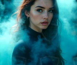 AI-generated abstract art of beautiful women gently enveloped in swirling translucent color mist, iridescent light shimmering on skin. By Jeff Dupler.