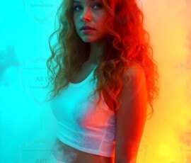 AI-generated abstract art of beautiful women gently enveloped in swirling translucent color mist, iridescent light shimmering on skin. By Jeff Dupler.