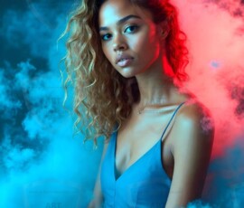 AI-generated abstract art of beautiful women gently enveloped in swirling translucent color mist, iridescent light shimmering on skin. By Jeff Dupler.