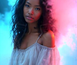 AI-generated abstract art of beautiful women gently enveloped in swirling translucent color mist, iridescent light shimmering on skin. By Jeff Dupler.