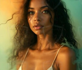 AI-generated abstract art of beautiful women gently enveloped in swirling translucent color mist, iridescent light shimmering on skin. By Jeff Dupler.