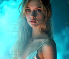 AI-generated abstract art of beautiful women gently enveloped in swirling translucent color mist, iridescent light shimmering on skin. By Jeff Dupler.