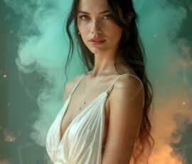 AI-generated abstract art of beautiful women gently enveloped in swirling translucent color mist, iridescent light shimmering on skin. By Jeff Dupler.