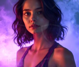 AI-generated abstract art of beautiful women gently enveloped in swirling translucent color mist, iridescent light shimmering on skin. By Jeff Dupler.
