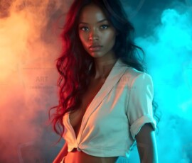 AI-generated abstract art of beautiful women gently enveloped in swirling translucent color mist, iridescent light shimmering on skin. By Jeff Dupler.