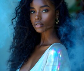AI-generated abstract art of beautiful women gently enveloped in swirling translucent color mist, iridescent light shimmering on skin. By Jeff Dupler.