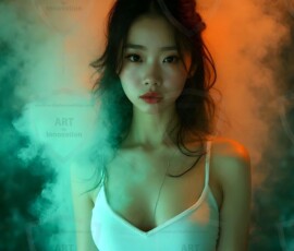 AI-generated abstract art of beautiful women gently enveloped in swirling translucent color mist, iridescent light shimmering on skin. By Jeff Dupler.