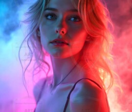 AI-generated abstract art of beautiful women gently enveloped in swirling translucent color mist, iridescent light shimmering on skin. By Jeff Dupler.