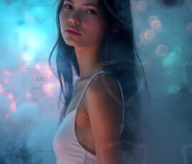 AI-generated abstract art of beautiful women gently enveloped in swirling translucent color mist, iridescent light shimmering on skin. By Jeff Dupler.
