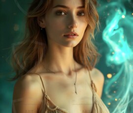 AI-generated abstract art of beautiful women gently enveloped in swirling translucent color mist, iridescent light shimmering on skin. By Jeff Dupler.