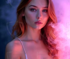 AI-generated abstract art of beautiful women gently enveloped in swirling translucent color mist, iridescent light shimmering on skin. By Jeff Dupler.