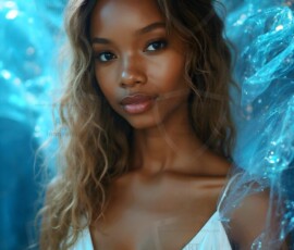 AI-generated abstract art of beautiful women gently enveloped in swirling translucent color mist, iridescent light shimmering on skin. By Jeff Dupler.