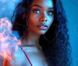 AI-generated abstract art of beautiful women gently enveloped in swirling translucent color mist, iridescent light shimmering on skin. By Jeff Dupler.
