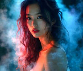 AI-generated abstract art of beautiful women gently enveloped in swirling translucent color mist, iridescent light shimmering on skin. By Jeff Dupler.