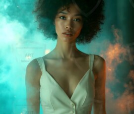 AI-generated abstract art of beautiful women gently enveloped in swirling translucent color mist, iridescent light shimmering on skin. By Jeff Dupler.