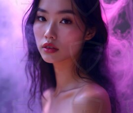 AI-generated abstract art of beautiful women gently enveloped in swirling translucent color mist, iridescent light shimmering on skin. By Jeff Dupler.