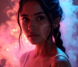 AI-generated abstract art of beautiful women gently enveloped in swirling translucent color mist, iridescent light shimmering on skin. By Jeff Dupler.