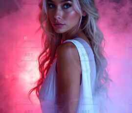 AI-generated abstract art of beautiful women gently enveloped in swirling translucent color mist, iridescent light shimmering on skin. By Jeff Dupler.