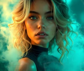 AI-generated abstract art of beautiful women gently enveloped in swirling translucent color mist, iridescent light shimmering on skin. By Jeff Dupler.