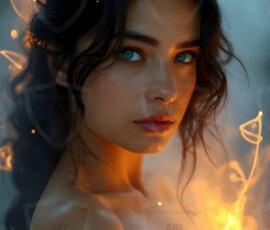 AI-generated abstract art of beautiful women gently enveloped in swirling translucent color mist, iridescent light shimmering on skin. By Jeff Dupler.