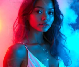 AI-generated abstract art of beautiful women gently enveloped in swirling translucent color mist, iridescent light shimmering on skin. By Jeff Dupler.